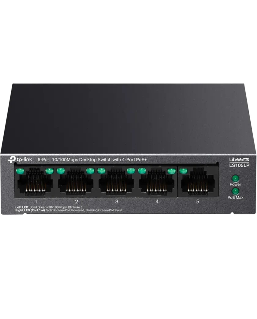 TP-Link LS105LP / Коммутатор неуправляемый 5-портовый PoE (4 порта PoE+ 10/100 Мбит/с, 1 порт 10/100 Мбит/с без РоЕ)