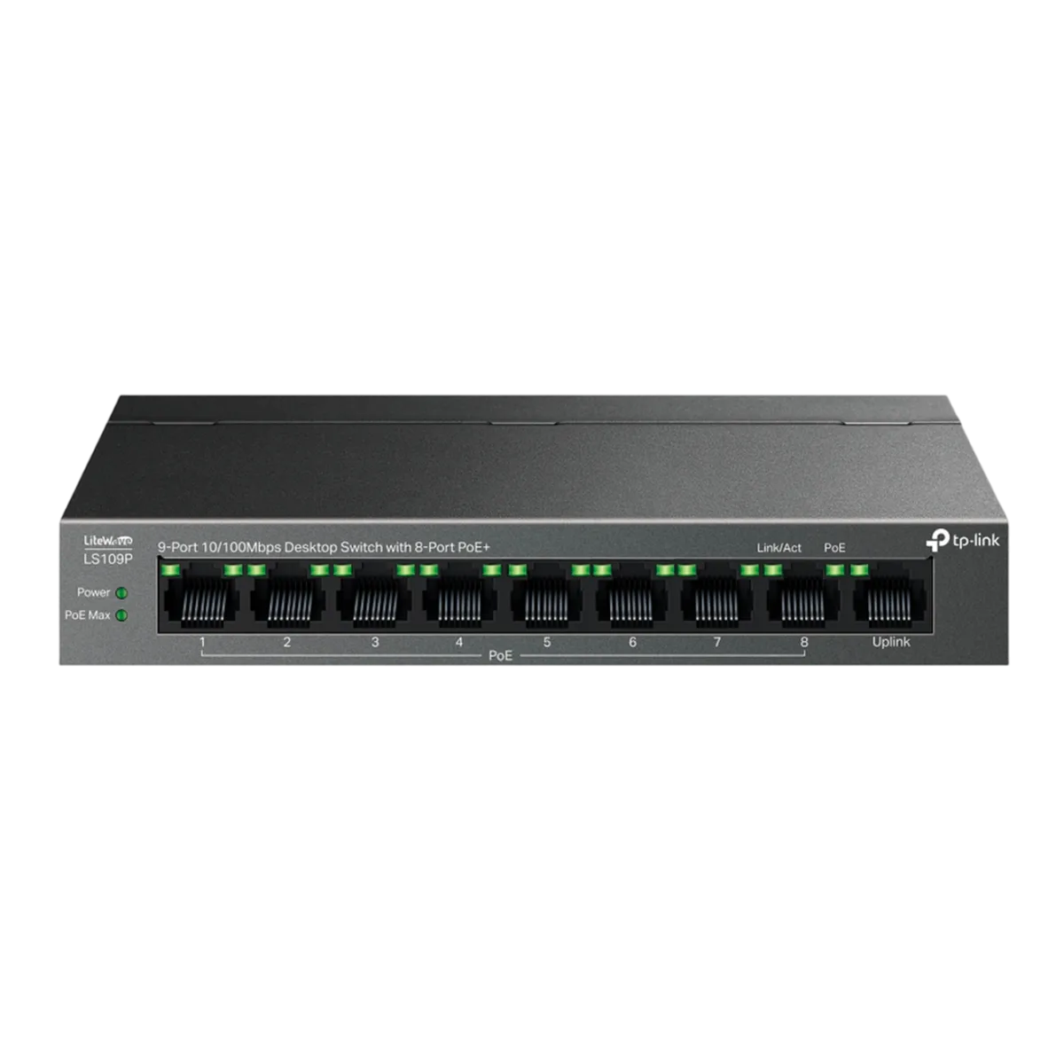TP-Link LS109P / Коммутатор неуправляемый 9-портовый PoE (8 портов PoE+ 10/100 Мбит/с, 1 порт 10/100 Мбит/с без РоЕ)