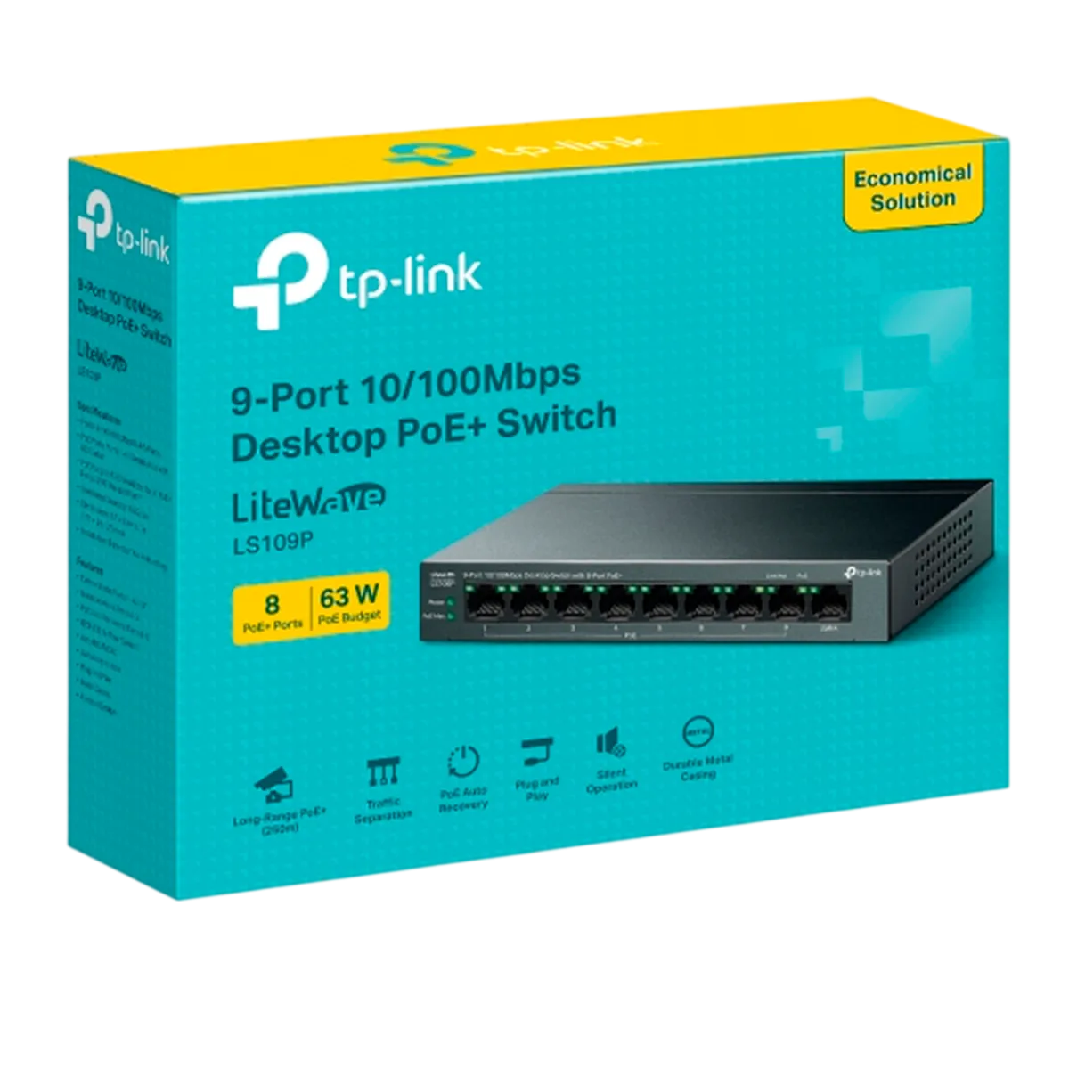 TP-Link LS109P / Коммутатор неуправляемый 9-портовый PoE (8 портов PoE+ 10/100 Мбит/с, 1 порт 10/100 Мбит/с без РоЕ)