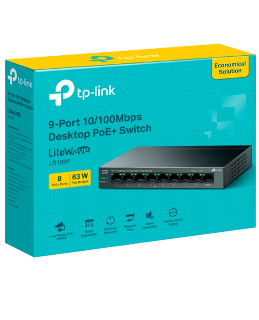 TP-Link LS109P / Коммутатор неуправляемый 9-портовый PoE (8 портов PoE+ 10/100 Мбит/с, 1 порт 10/100 Мбит/с без РоЕ)