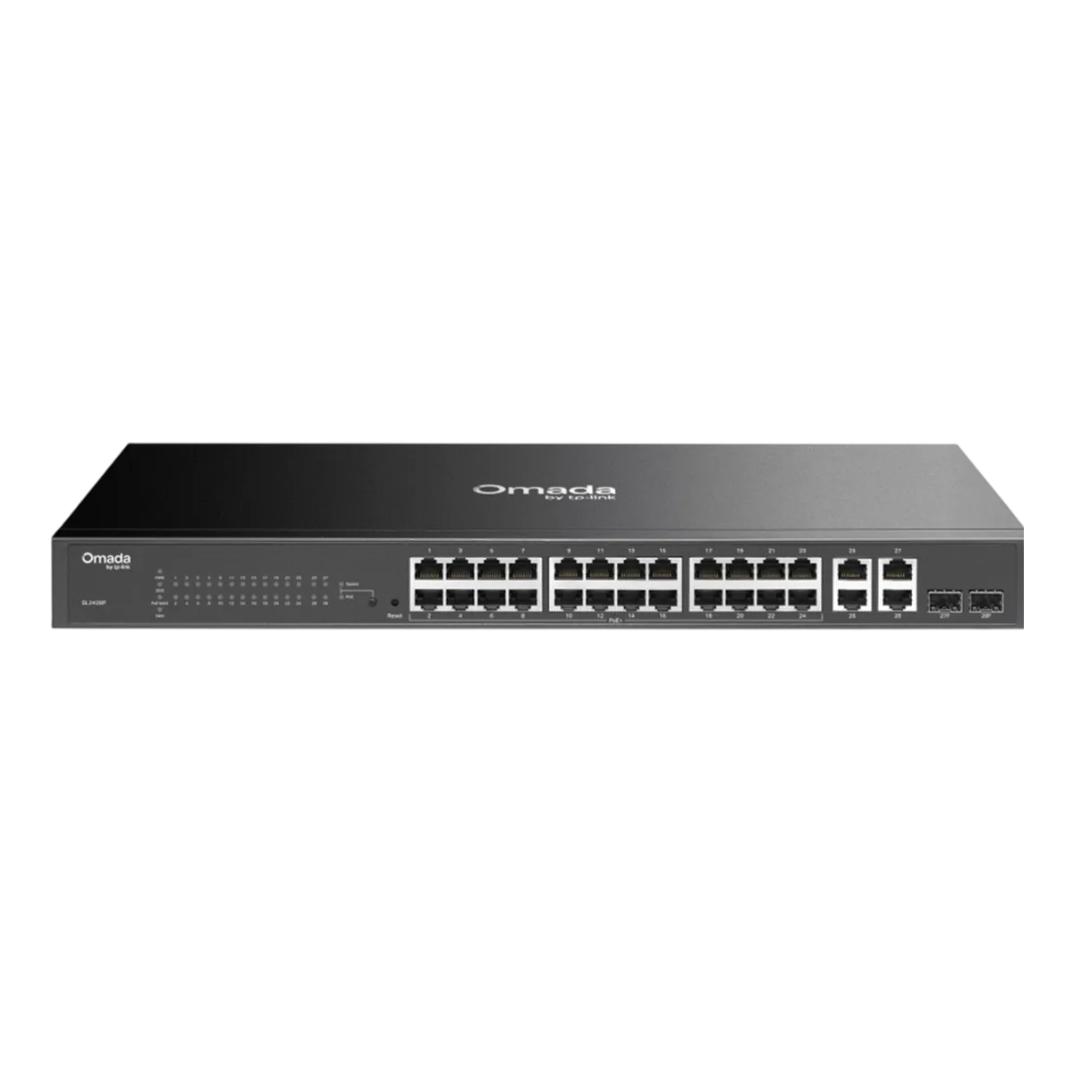TP-Link Omada SL2428P / 24‑портовый управляемый РоЕ-коммутатор Smart Fast Ethernet, 2 гигабитными портами без РоЕ и 2 SFP слотами