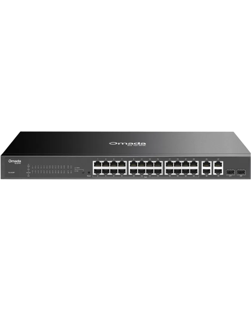 TP-Link Omada SL2428P / 24‑портовый управляемый РоЕ-коммутатор Smart Fast Ethernet, 2 гигабитными портами без РоЕ и 2 SFP слотами