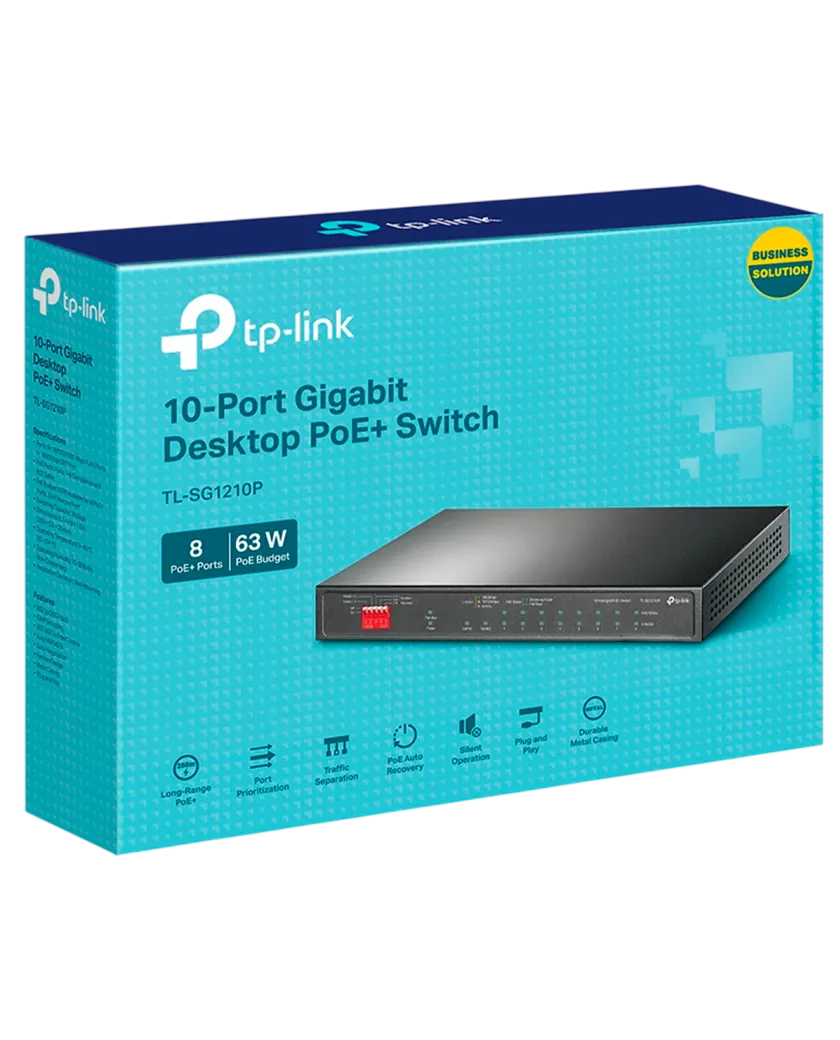 TP-Link TL-SG1210P / Неуправляемый гигабитный 10-портовый PoE-коммутатор (8 портов PoE+, 1 порт без РоЕ и 1 слот SFP)