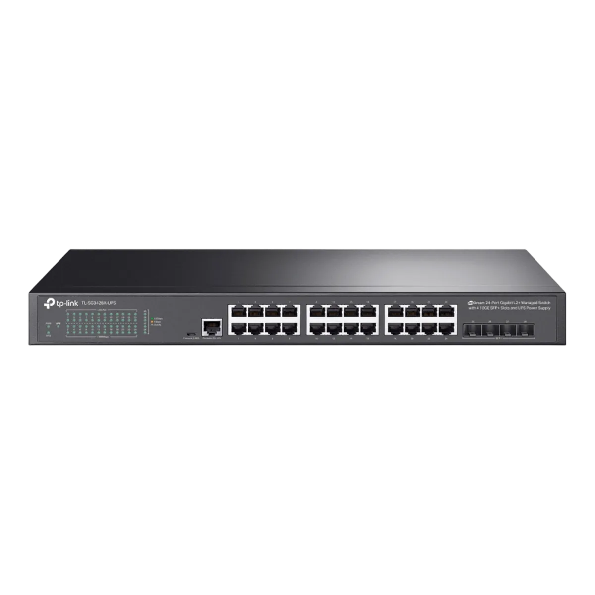 TP-Link TL-SG3428X-UPS / JetStream Управляемый коммутатор уровня 2+ с 24 гигабитными портами RJ45, 4 портами SFP+ и источником балансового питания