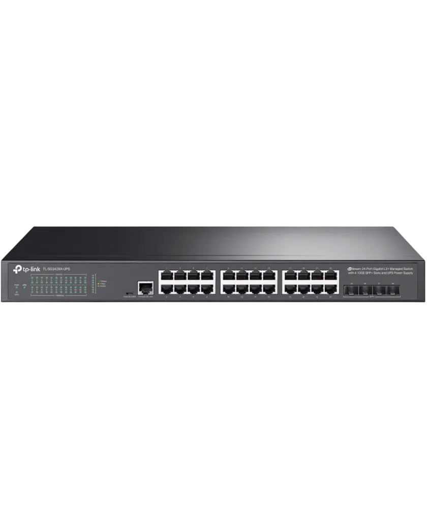 TP-Link TL-SG3428X-UPS / JetStream Управляемый коммутатор уровня 2+ с 24 гигабитными портами RJ45, 4 портами SFP+ и источником балансового питания