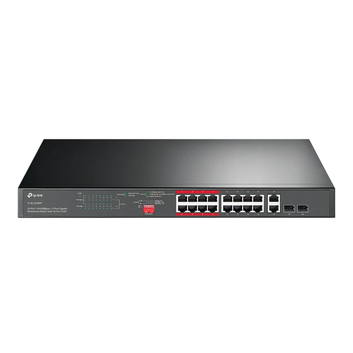 TP-Link TL-SL1218MP / Неуправляемый PoE-коммутатор (16 портов PoE+ 10/100 Мбит/с, 2 гигабитных порта без PoE и 2 слота SFP)