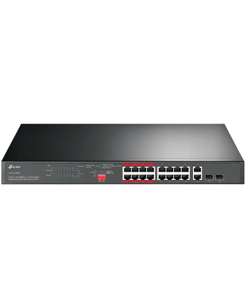 TP-Link TL-SL1218MP / Неуправляемый PoE-коммутатор (16 портов PoE+ 10/100 Мбит/с, 2 гигабитных порта без PoE и 2 слота SFP)