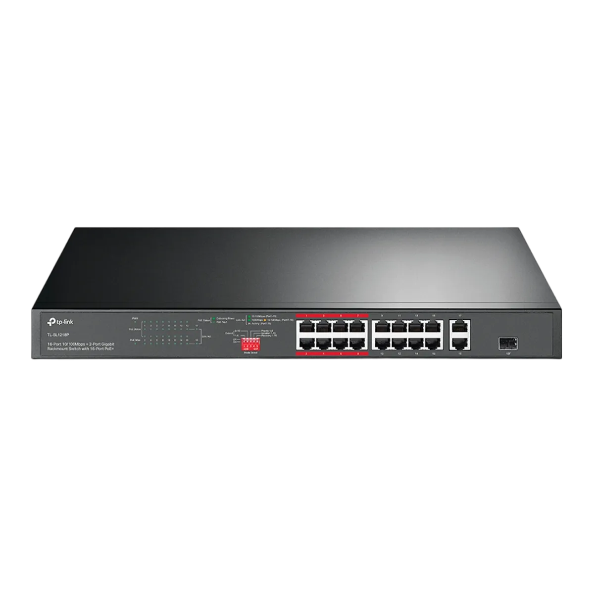 TP-Link TL-SL1218P / Неуправляемый PoE-коммутатор (16 портов PoE+ 10/100 Мбит/с, 1 гигабитный порт без PoE и 1 Combo-порт RJ45/SFP)