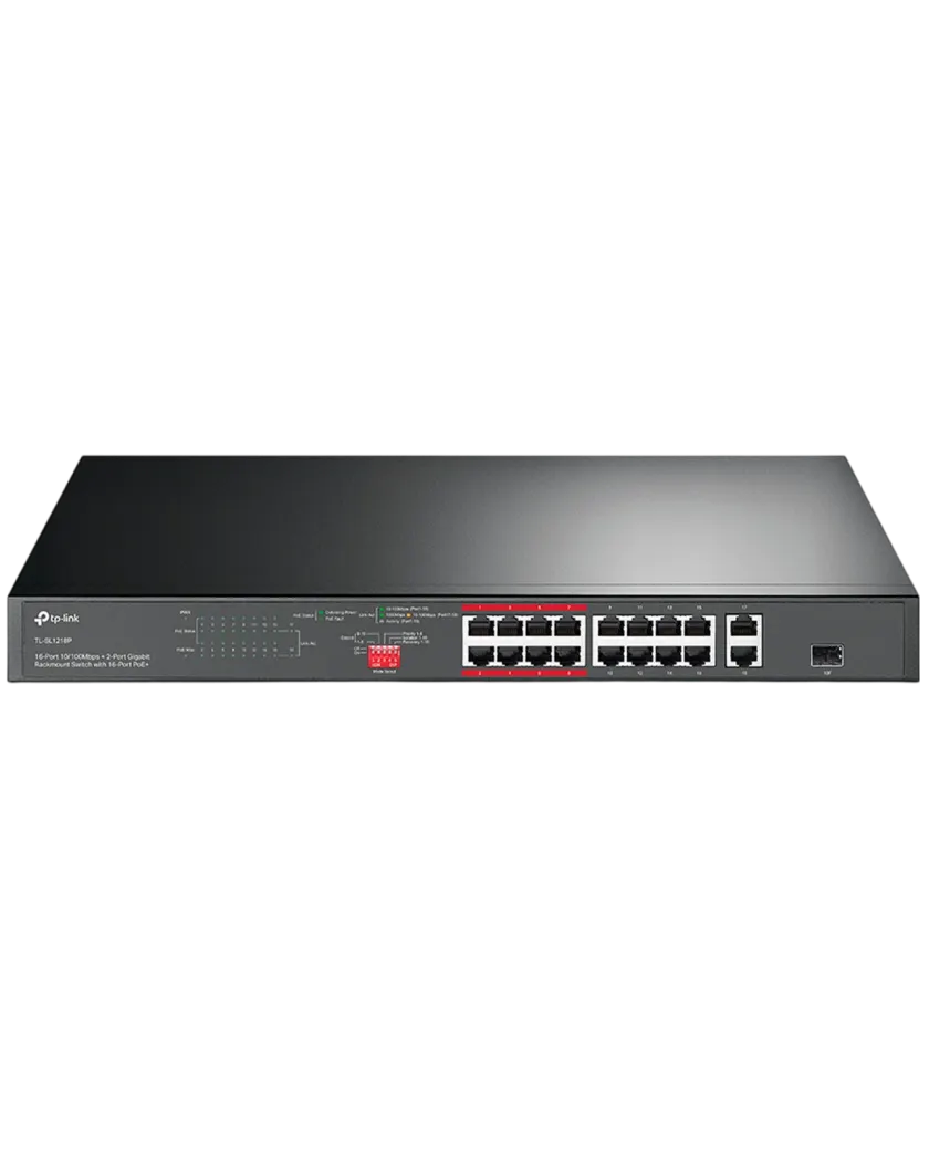 TP-Link TL-SL1218P / Неуправляемый PoE-коммутатор (16 портов PoE+ 10/100 Мбит/с, 1 гигабитный порт без PoE и 1 Combo-порт RJ45/SFP)