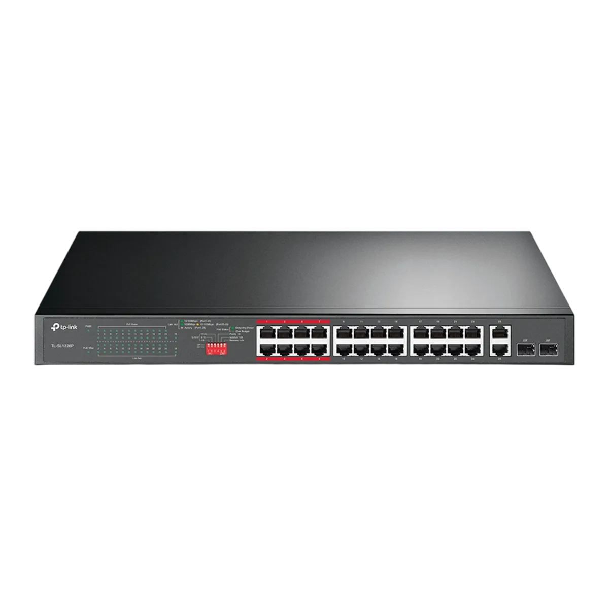 TP-LinTL-SL1226Pk  / Неуправляемый PoE-коммутатор (24 порта PoE+ 10/100 Мбит/с и 2 гигабитных Combo-порта RJ45/SFP)
