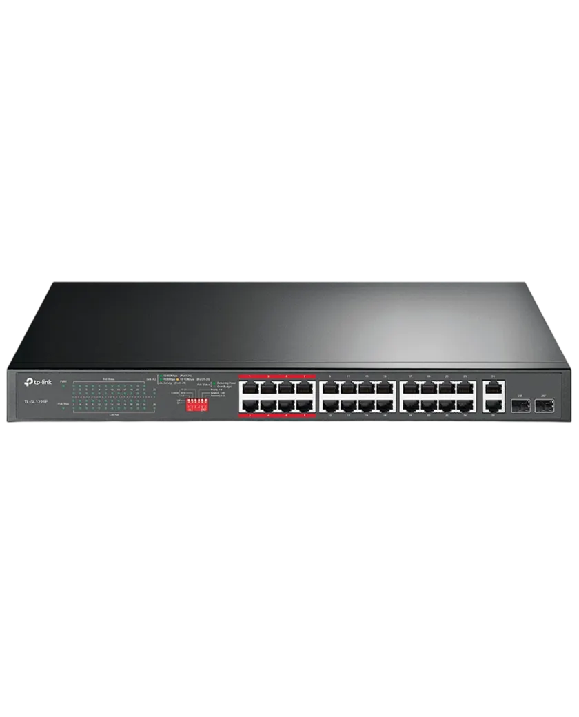 TP-LinTL-SL1226Pk  / Неуправляемый PoE-коммутатор (24 порта PoE+ 10/100 Мбит/с и 2 гигабитных Combo-порта RJ45/SFP)