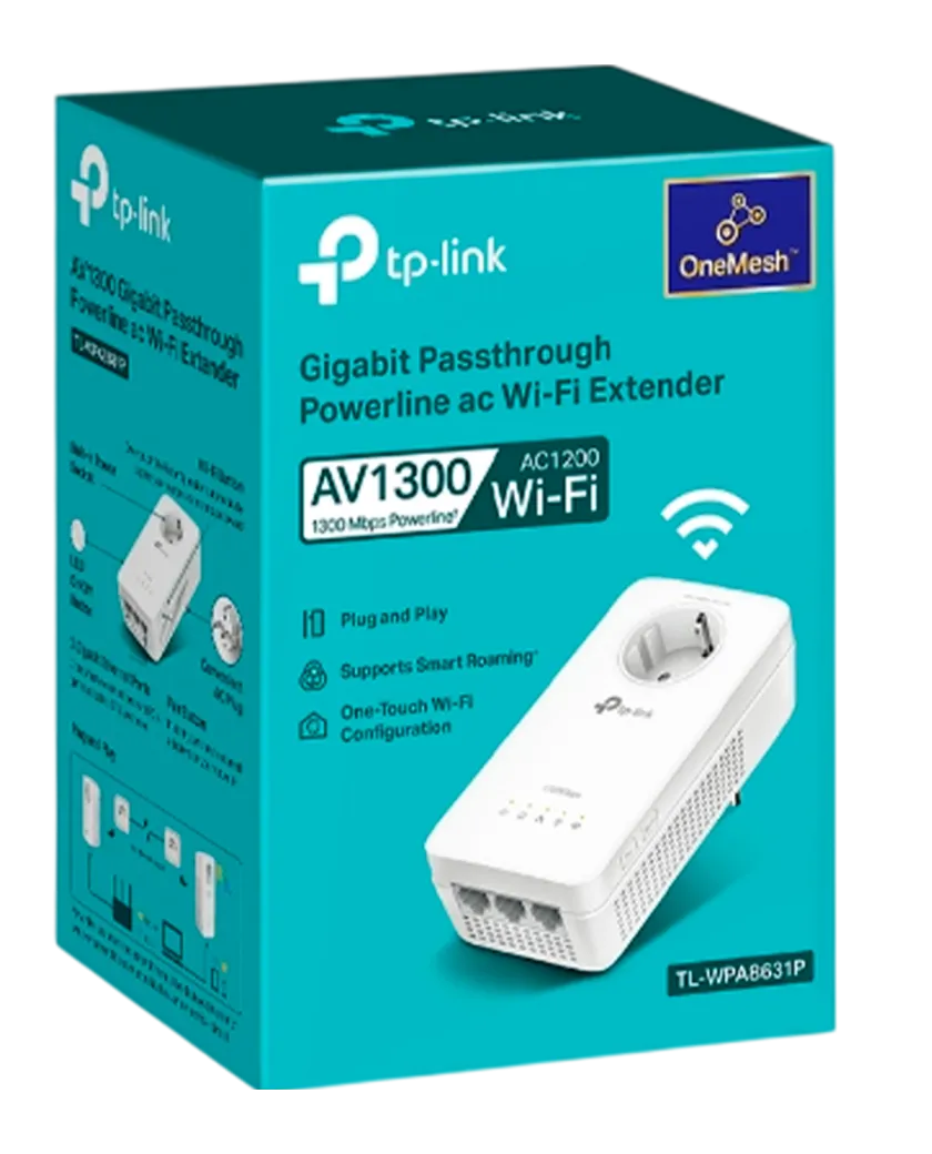 TP-Link TL-WPA8631P / AV1300 Гигабитный Powerline-адаптер с Wi-Fi и встроенной розеткой