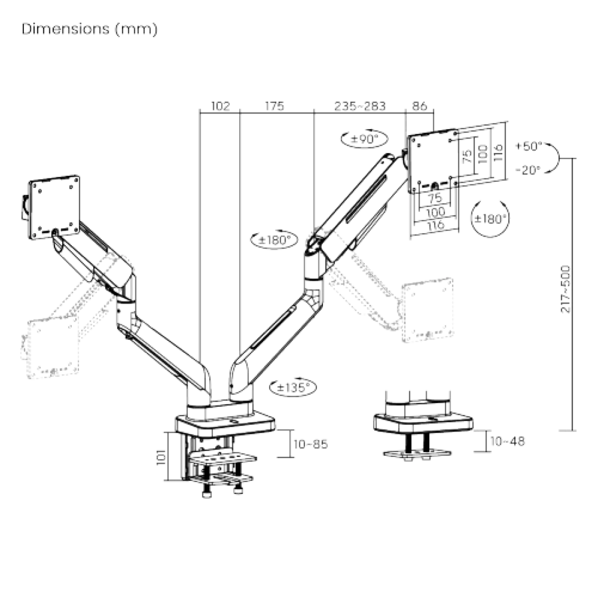 Кронштейн для 2х мониторов LUMI (Brateck) LDT85-C024 (17″–35″, до 20 кг) / White