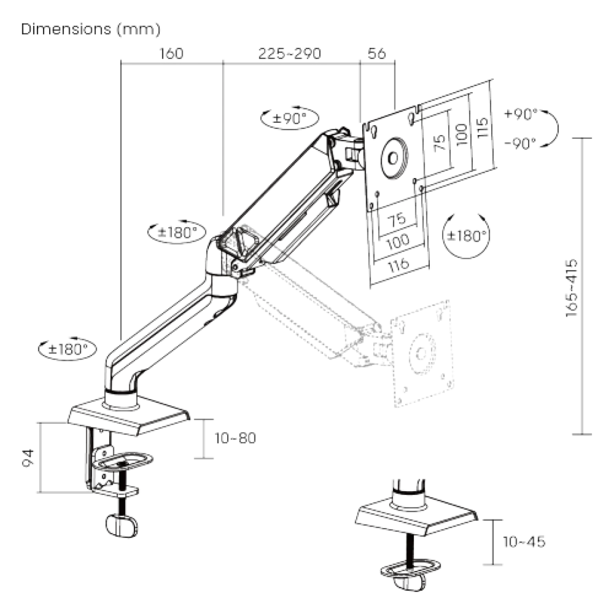 Кронштейн для монитора LUMI (Brateck) LDT88-C012 (17″–32″, до 9 кг) / Space Grey-White