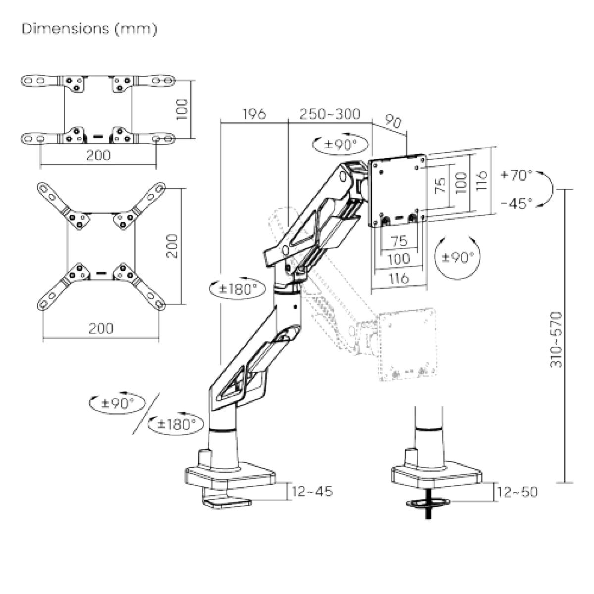 Кронштейн для монитора LUMI (Brateck) LDT95-C012 (24″–57″, до 30 кг) / Black-White