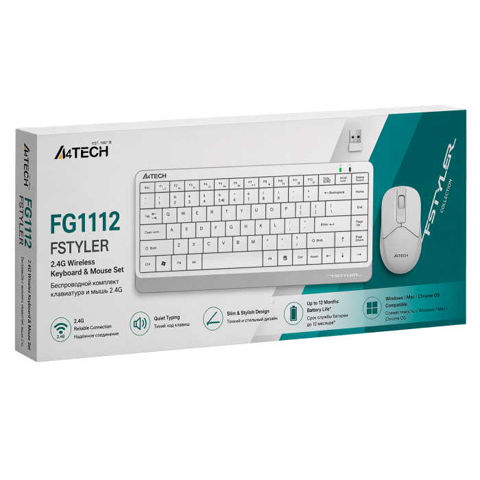 Комплект беспроводной (клавиатура+мышь) A4Tech Fstyler FG1112S / White