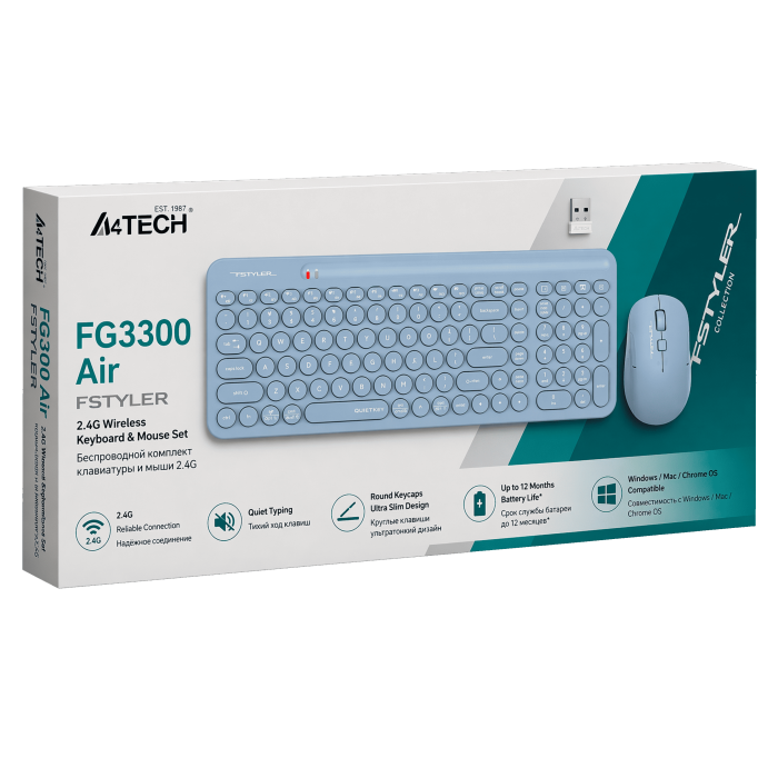 Комплект беспроводной (клавиатура+мышь) A4Tech Fstyler FG3300 Air2 / Blue