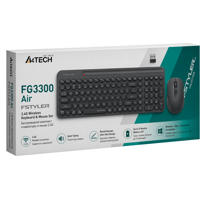 Комплект беспроводной (клавиатура+мышь) A4Tech Fstyler FG3300 Air2 / Grey