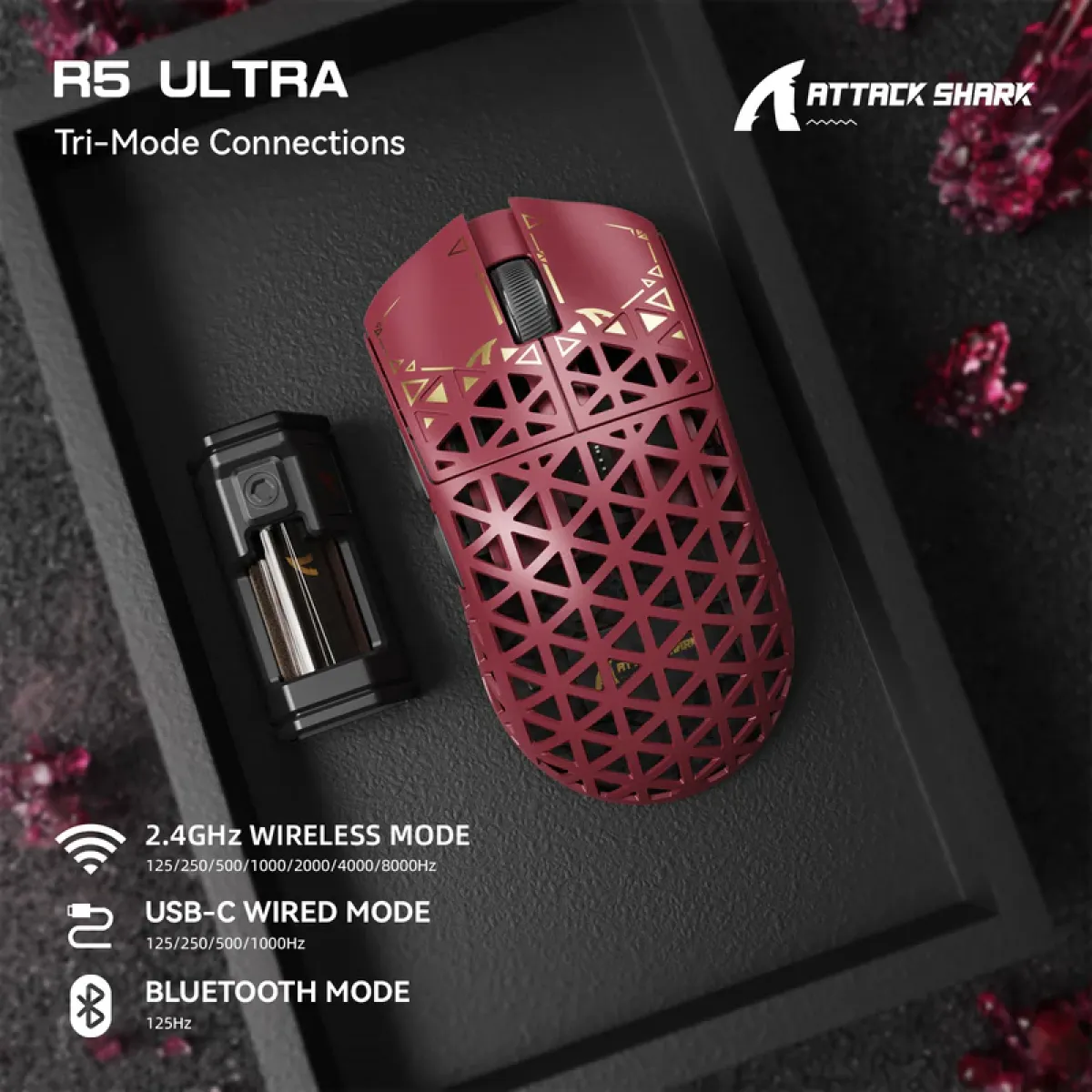 Мышь игровая беспроводная Attack Shark R5 Ultra Carbon Fiber Wireless PAW3950MAX / Red