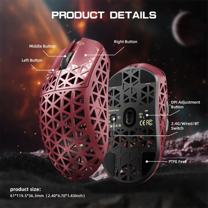 Мышь игровая беспроводная Attack Shark R5 Ultra Carbon Fiber Wireless PAW3950MAX / Red