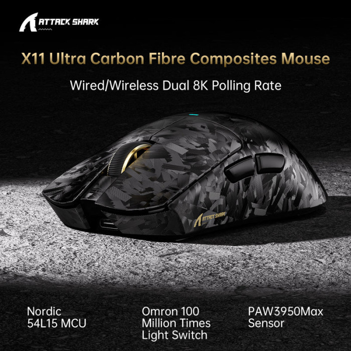 Мышь игровая беспроводная Attack Shark X11 Ultra Carbon Fiber Wireless 8K PAW3950MAX Wireless / Black