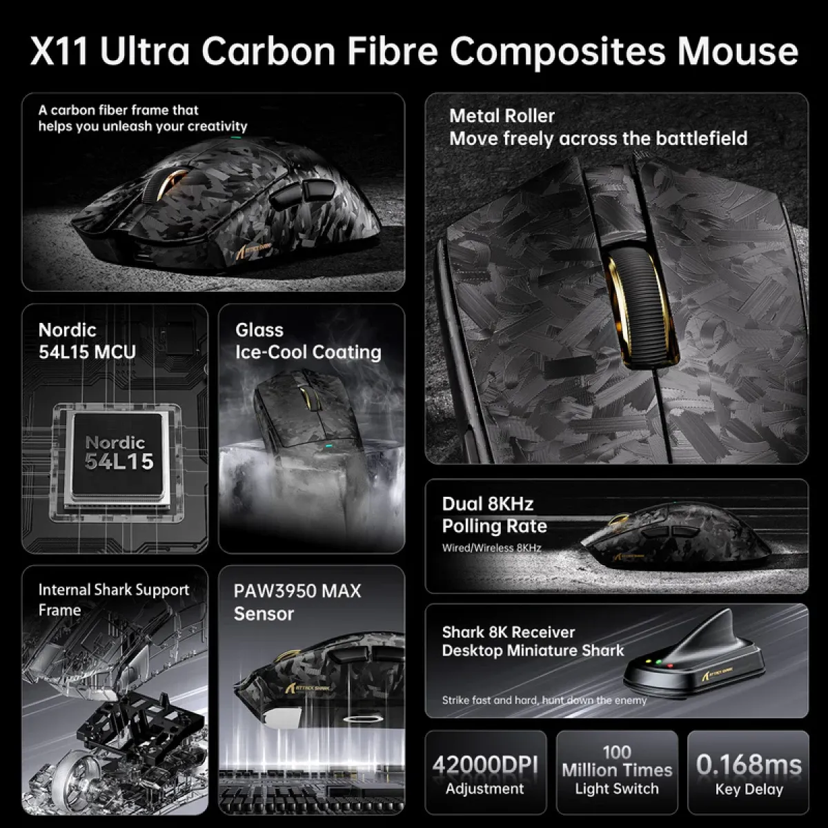 Мышь игровая беспроводная Attack Shark X11 Ultra Carbon Fiber Wireless 8K PAW3950MAX Wireless / Black