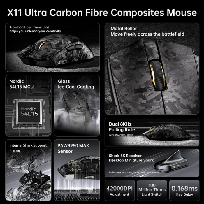 Мышь игровая беспроводная Attack Shark X11 Ultra Carbon Fiber Wireless 8K PAW3950MAX Wireless / Black