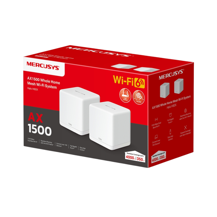 Mercusys Halo H60X(2-pack) AX1500 Whole Home Mesh Wi-Fi 6 System 2-pack: 1× Halo H60XR + 1× Halo H60XS