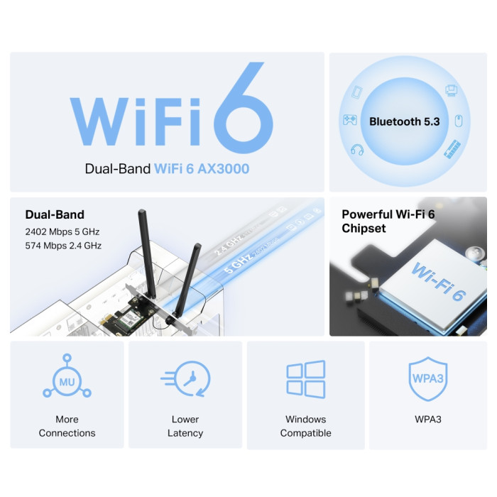 Mercusys MA80XE AX3000 Dual-Band Wi-Fi 6 Bluetooth PCI Express Adapter