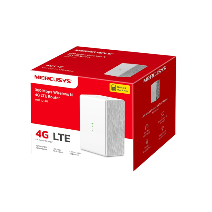 Mercusys MB110-4G N300 Wi-Fi 4G LTE Router, Build-In 150Mbps 4G LTE Modem