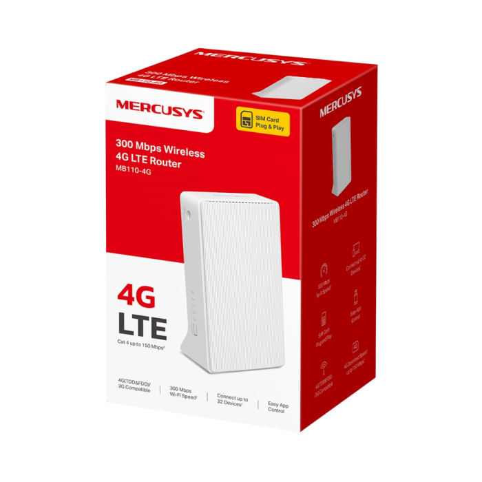 Mercusys MB112-4G N300 Wi-Fi 4G LTE Router, Build-In 150Mbps 4G LTE Modem