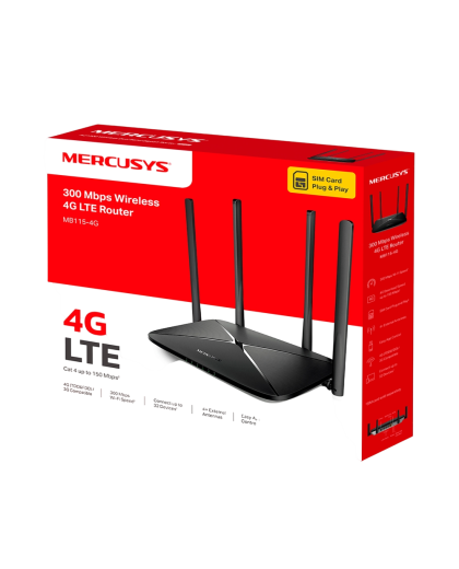 Mercusys MB115-4G N300 Wi-Fi 4G LTE Router, Build-In 150Mbps 4G LTE Modem