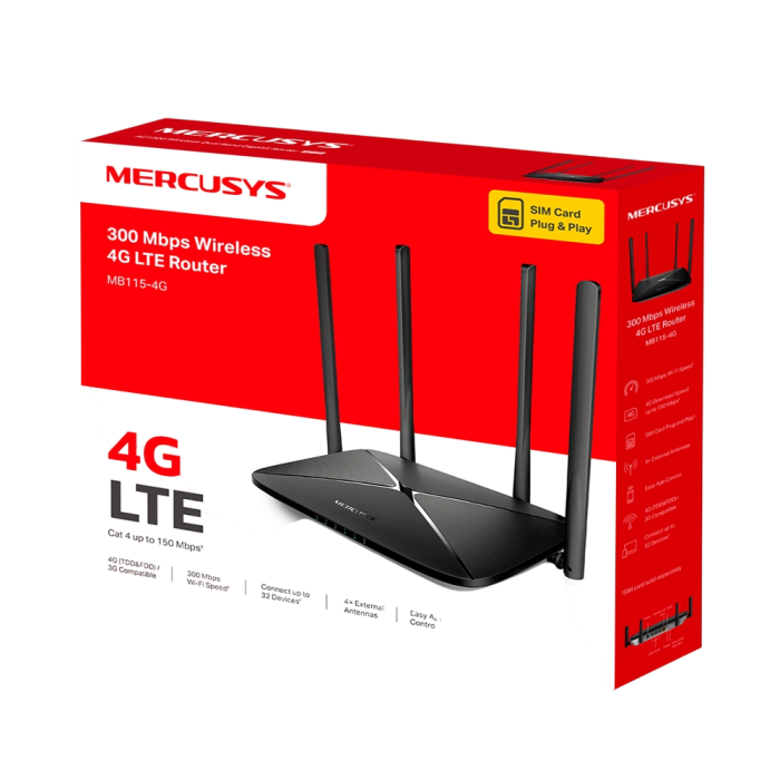 Mercusys MB115-4G N300 Wi-Fi 4G LTE Router, Build-In 150Mbps 4G LTE Modem