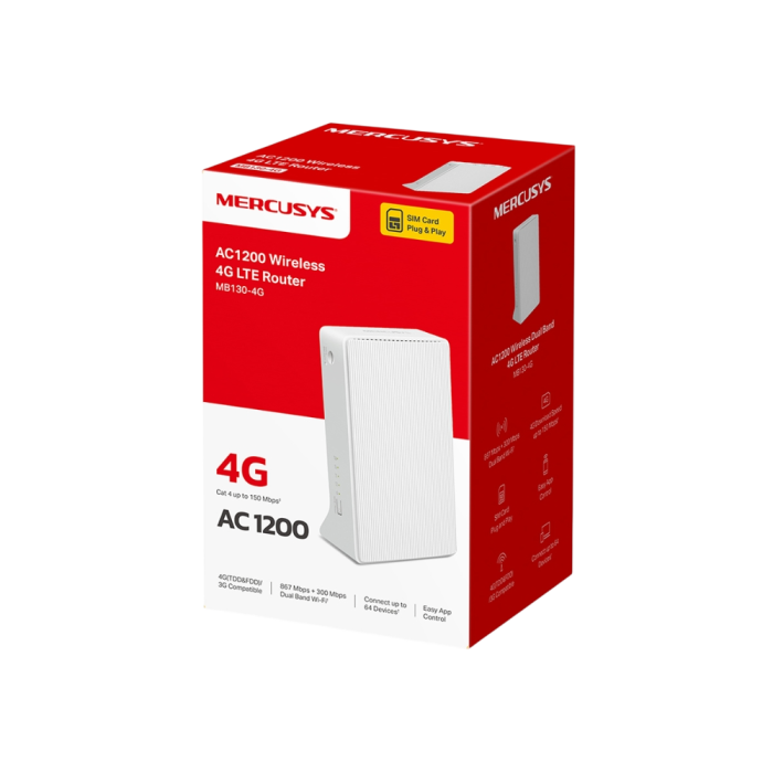 Mercusys MB130-4G AC1200 Wi-Fi 4G LTE Router, Build-In 150Mbps 4G LTE Modem