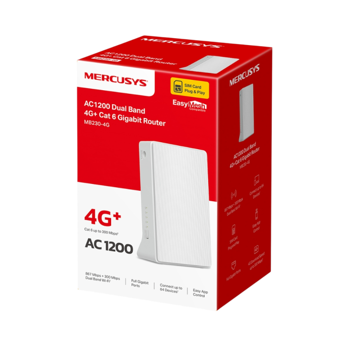 Mercusys MB230-4G AC1200 Wi-Fi 4G+ LTE Router, Build-In 300Mbps 4G LTE Modem