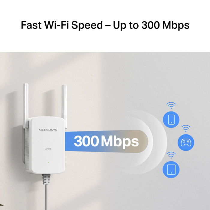 Mercusys MP510 KIT AV1000 Gigabit Powerline N300 Wi-Fi Kit KIT: 1× MP510 + 1× MP500 MP510：SPEED: 300 Mbps at 2.4 GHz, 1000 Mbps Powerline