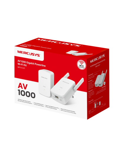 Mercusys MP510 KIT AV1000 Gigabit Powerline N300 Wi-Fi Kit KIT: 1× MP510 + 1× MP500 MP510：SPEED: 300 Mbps at 2.4 GHz, 1000 Mbps Powerline