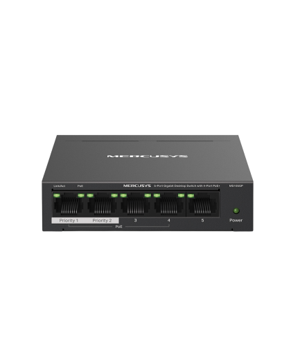 Mercusys MS105GP 5-Port Gigabit Desktop Switch with 4-Port PoE+ PORT: 4× Gigabit PoE+ Ports, 1× Gigabit Non-PoE Port