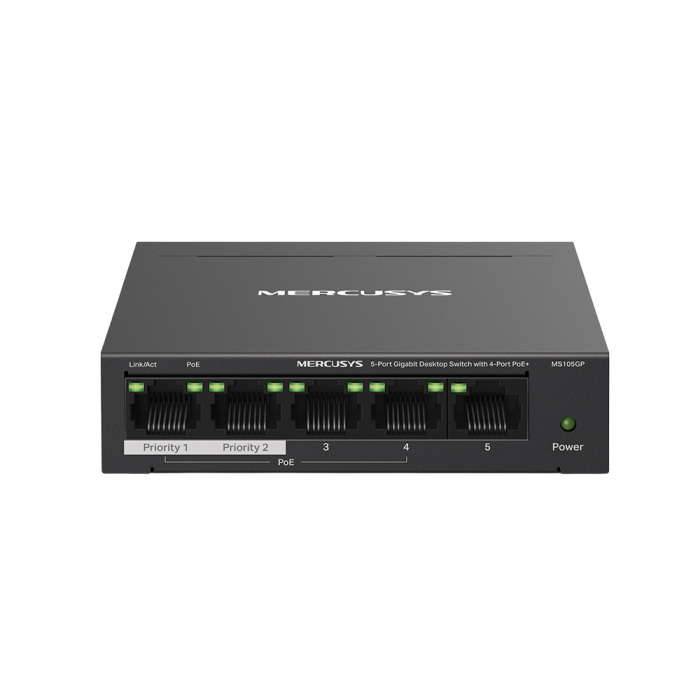 Mercusys MS105GP 5-Port Gigabit Desktop Switch with 4-Port PoE+ PORT: 4× Gigabit PoE+ Ports, 1× Gigabit Non-PoE Port