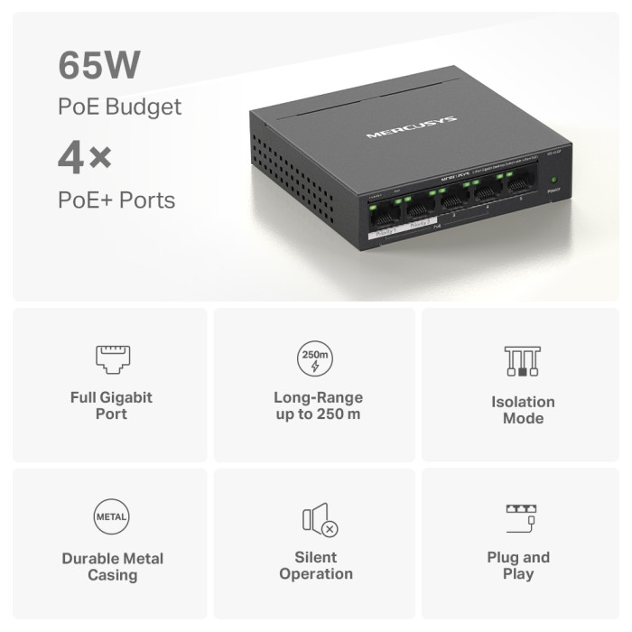 Mercusys MS105GP 5-Port Gigabit Desktop Switch with 4-Port PoE+ PORT: 4× Gigabit PoE+ Ports, 1× Gigabit Non-PoE Port