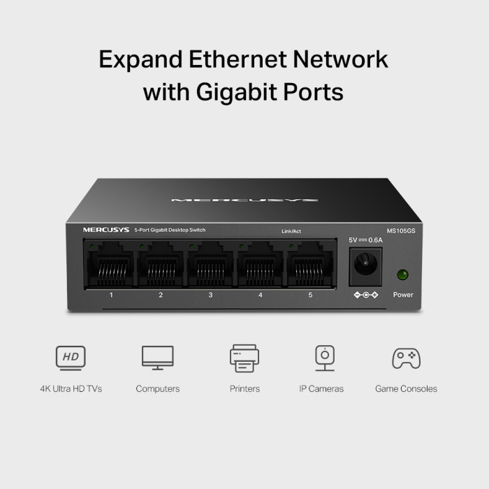 Mercusys MS105GS 5-Port Gigabit Desktop Switch PORT: 5× Gigabit Ports