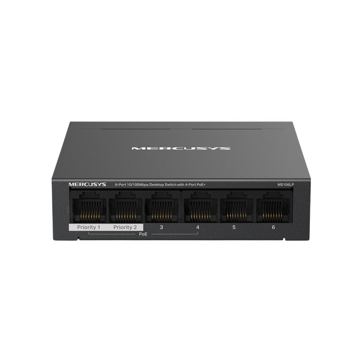 Mercusys MS106LP 6-Port 10/100 Mbps Desktop Switch with 4-Port PoE+ PORT: 4× 10/100 Mbps PoE+ Ports, 2× 10/100 Mbps Non-PoE Ports
