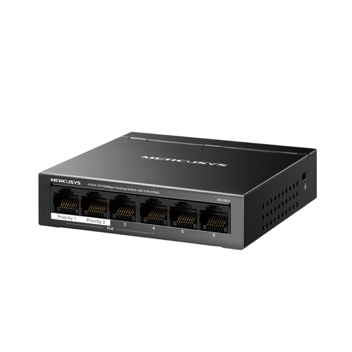 Mercusys MS106LP 6-Port 10/100 Mbps Desktop Switch with 4-Port PoE+ PORT: 4× 10/100 Mbps PoE+ Ports, 2× 10/100 Mbps Non-PoE Ports