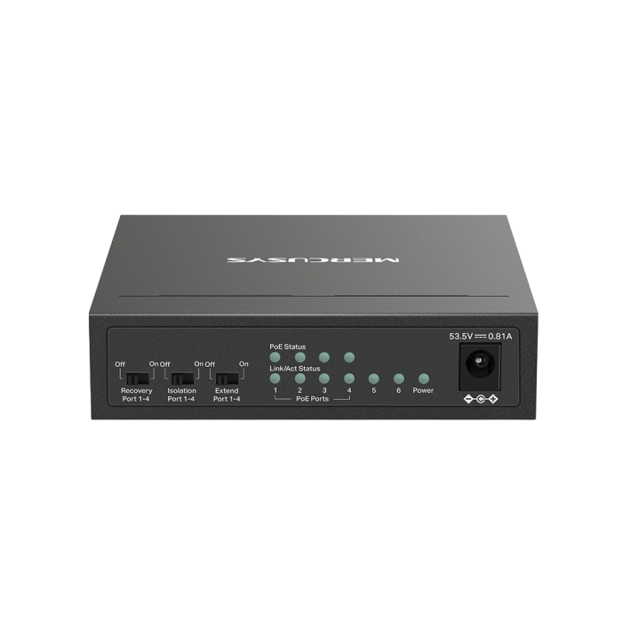 Mercusys MS106LP 6-Port 10/100 Mbps Desktop Switch with 4-Port PoE+ PORT: 4× 10/100 Mbps PoE+ Ports, 2× 10/100 Mbps Non-PoE Ports