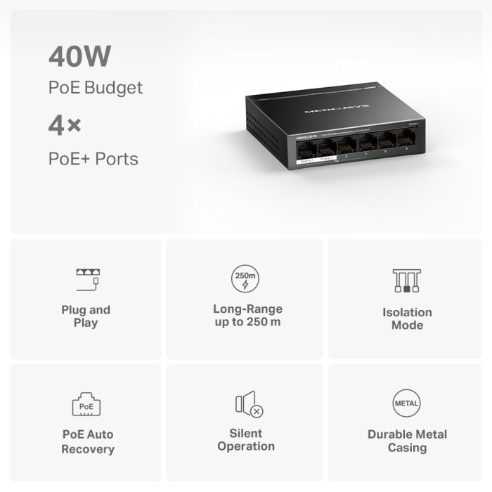 Mercusys MS106LP 6-Port 10/100 Mbps Desktop Switch with 4-Port PoE+ PORT: 4× 10/100 Mbps PoE+ Ports, 2× 10/100 Mbps Non-PoE Ports