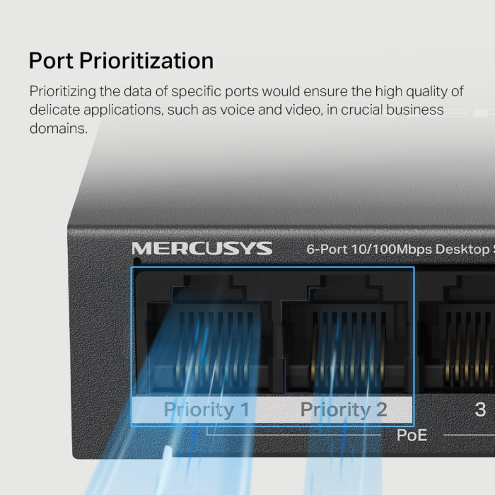 Mercusys MS106LP 6-Port 10/100 Mbps Desktop Switch with 4-Port PoE+ PORT: 4× 10/100 Mbps PoE+ Ports, 2× 10/100 Mbps Non-PoE Ports