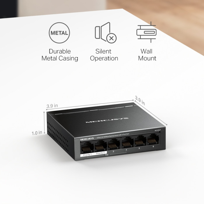 Mercusys MS106LP 6-Port 10/100 Mbps Desktop Switch with 4-Port PoE+ PORT: 4× 10/100 Mbps PoE+ Ports, 2× 10/100 Mbps Non-PoE Ports
