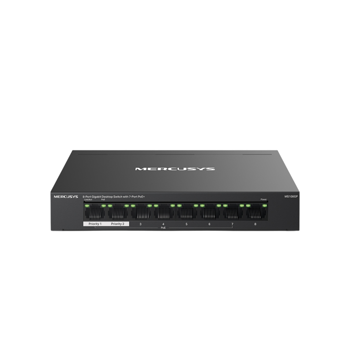 Mercusys MS108GP 8-Port Gigabit Desktop Switch with 7-Port PoE+ PORT: 7× Gigabit PoE+ Ports, 1× Gigabit Non-PoE Ports
