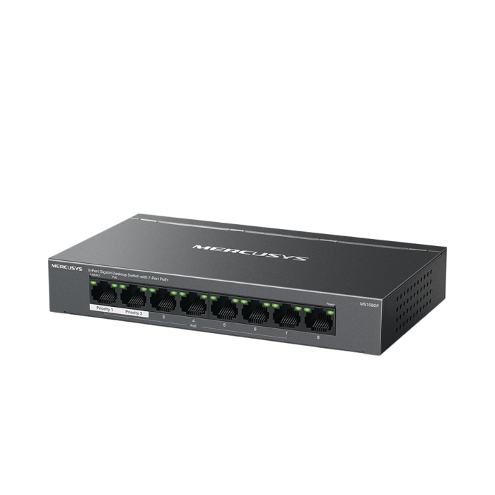 Mercusys MS108GP 8-Port Gigabit Desktop Switch with 7-Port PoE+ PORT: 7× Gigabit PoE+ Ports, 1× Gigabit Non-PoE Ports