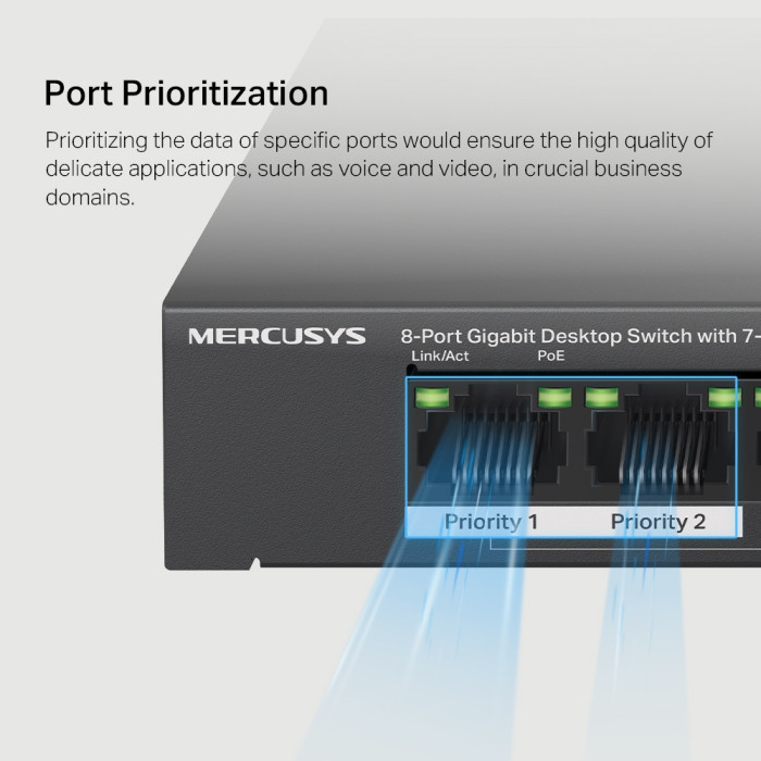 Mercusys MS108GP 8-Port Gigabit Desktop Switch with 7-Port PoE+ PORT: 7× Gigabit PoE+ Ports, 1× Gigabit Non-PoE Ports